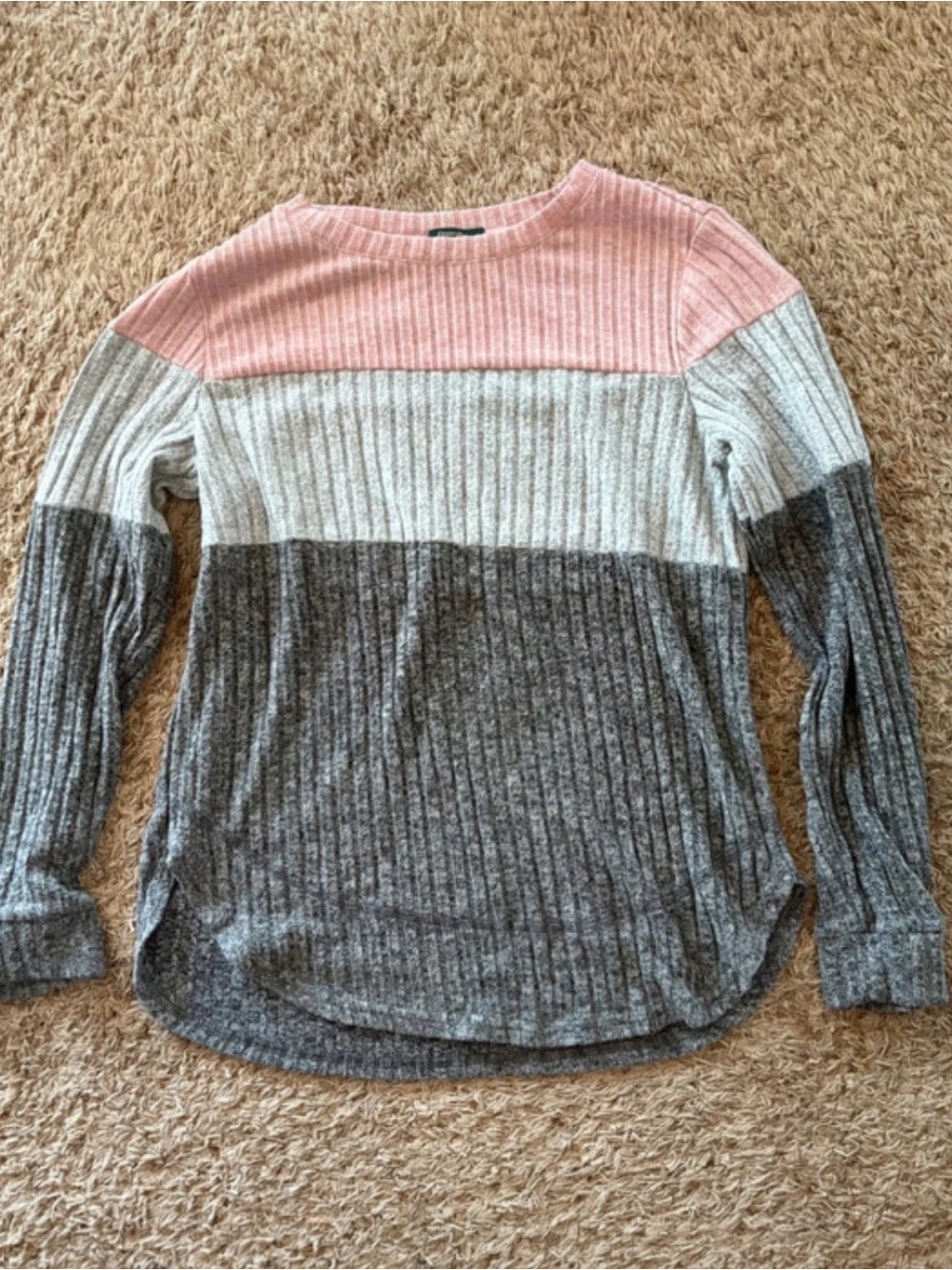 Colorblock Ribbed Crewneck Sweater - Pink, Cream & Gray